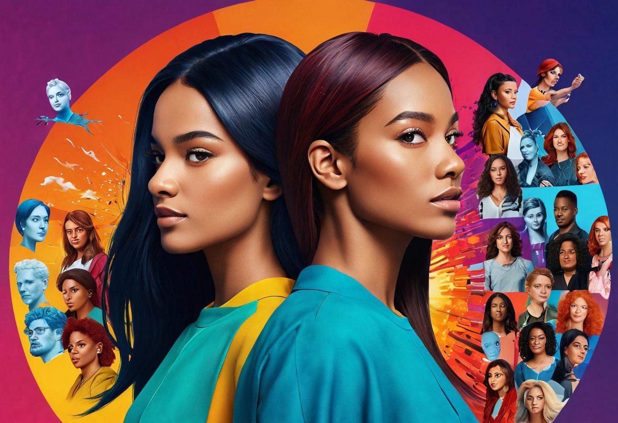 A mesmerizing split image showing a vibrant animated character on one side, embodying freedom and empowerment, while the other side transitions into a powerful real-life woman confidently expressing herself. The background consists of scenes portraying media influences, like television screens and social media icons, merging seamlessly between the two worlds. Emphasize themes of femininity, strength, and empowerment through contrasting colors and styles. super-realistic. vibrant colors. dynamic composition.