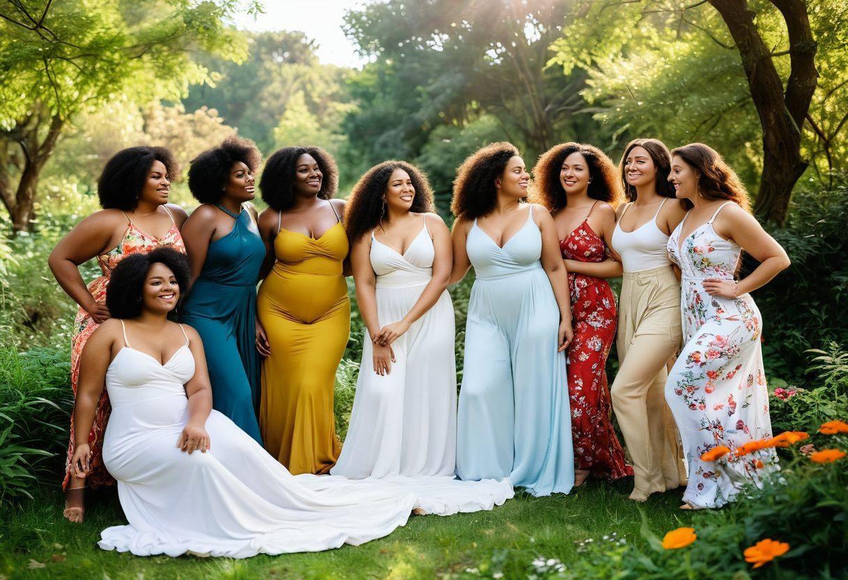 A serene natural landscape featuring diverse women of different shapes and sizes enjoying nature, embracing body positivity. They are playfully interacting with each other amidst lush greenery, sunlight filtering through trees, and colorful flowers that symbolize growth and acceptance. Include soft, flowing fabrics that hint at nudity while ensuring a safe and positive atmosphere. The scene exudes warmth, joy, and empowerment. painting. vibrant colors.